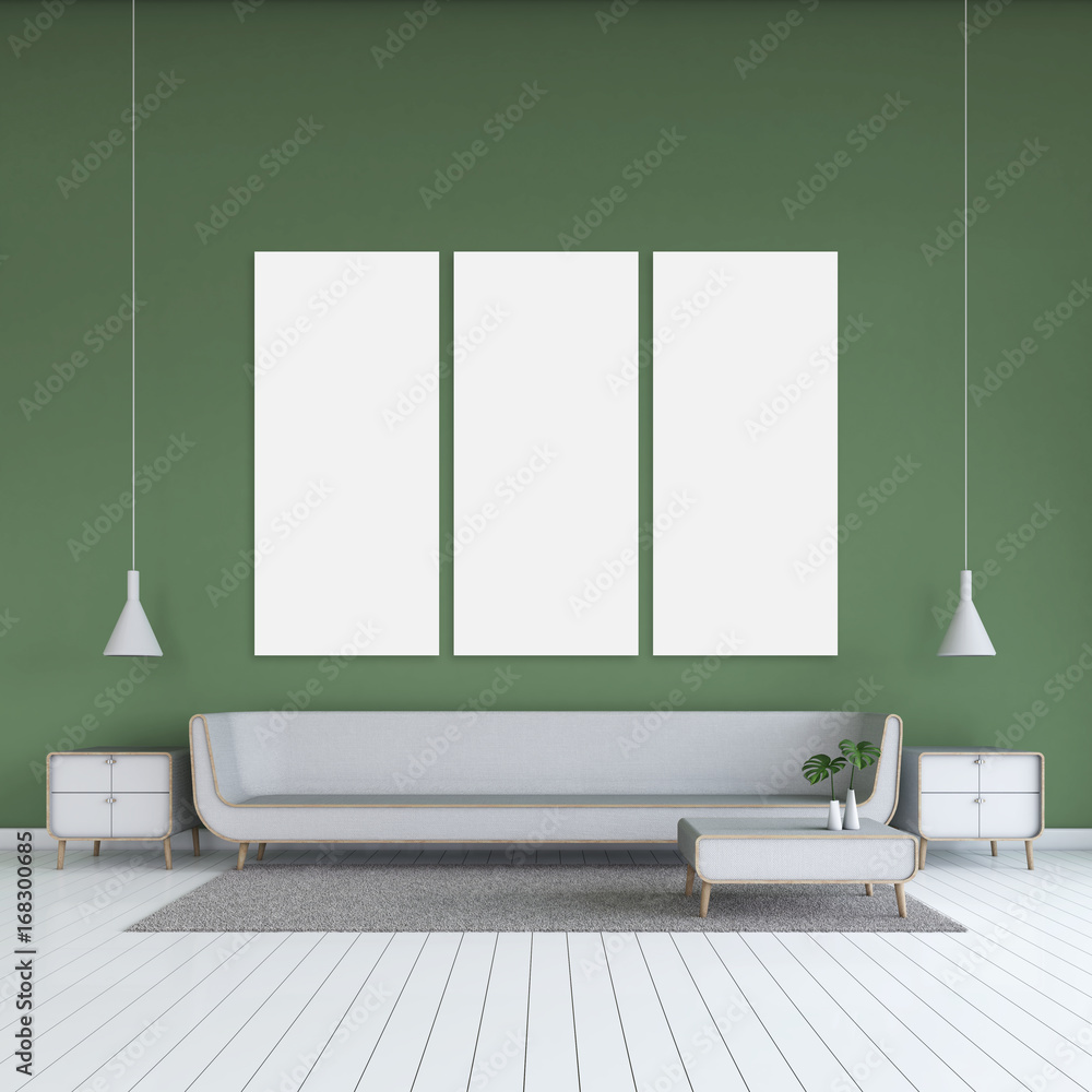 Modern Living room green wall with 3 frames 3d rendering Modern Living room green wall with 3 frames 3d rendering