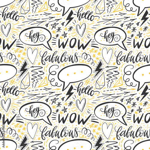 Calligraphy hand lettering seamless pattern. Positive signs, star, heart, speech bubbles, geometric forms. Perfect for print, textile, t-shirts, phone cases. Modern surface design. Vector illustration