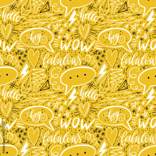 Calligraphy hand lettering seamless pattern. Positive signs, star, heart, speech bubbles, geometric forms. Perfect for print, textile, t-shirts, phone cases. Modern surface design. Vector illustration