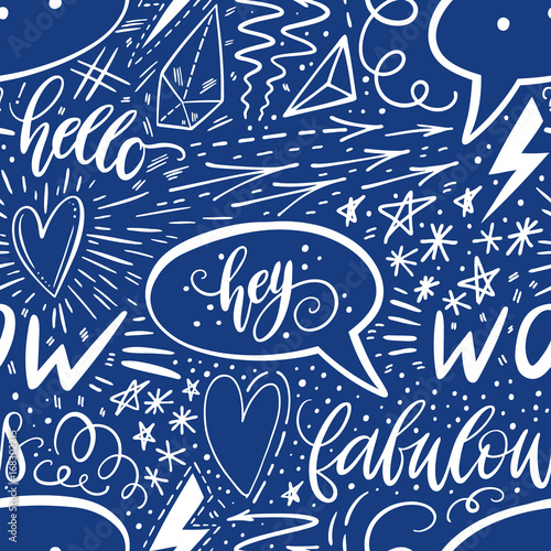 Calligraphy hand lettering seamless pattern. Positive signs, star, heart, speech bubbles, geometric forms. Perfect for print, textile, t-shirts, phone cases. Modern surface design. Vector illustration