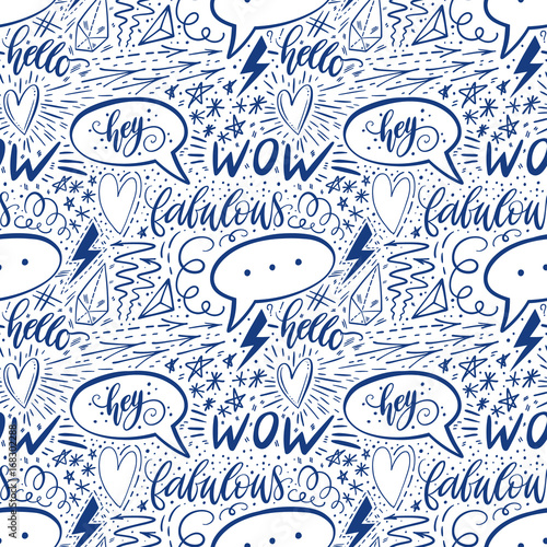 Calligraphy hand lettering seamless pattern. Positive signs, star, heart, speech bubbles, geometric forms. Perfect for print, textile, t-shirts, phone cases. Modern surface design. Vector illustration