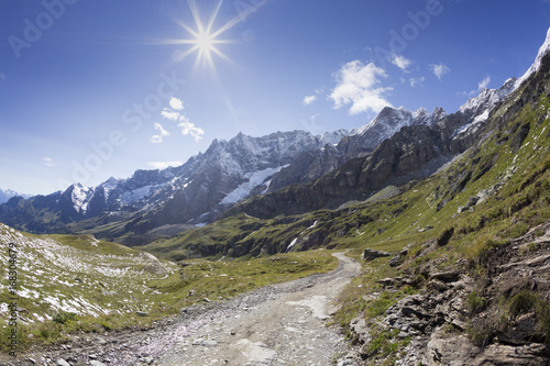 The hiking path to the Refuge of the Abruzzi Duke. With beautiful view of the mountains surrunding it