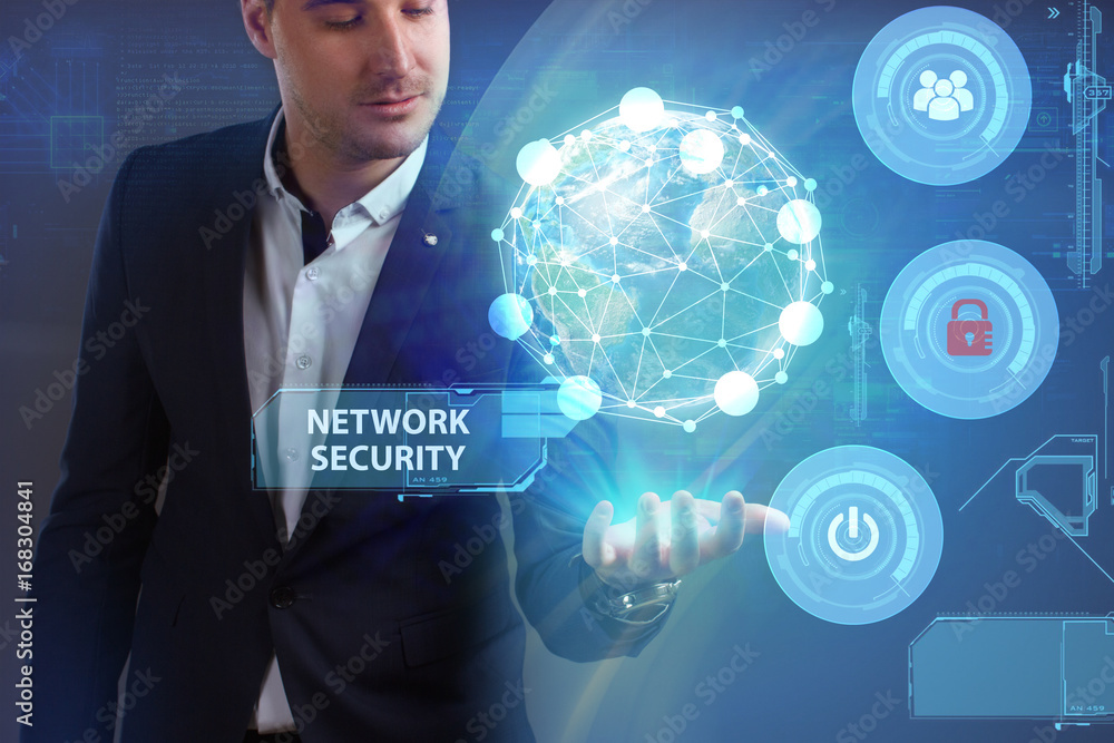 Business, Technology, Internet and network concept. Young businessman working on a virtual screen of the future and sees the inscription: Network security Business, Technology, Internet and network concept. Young businessman working on a virtual screen of the future and sees the inscription: Network security