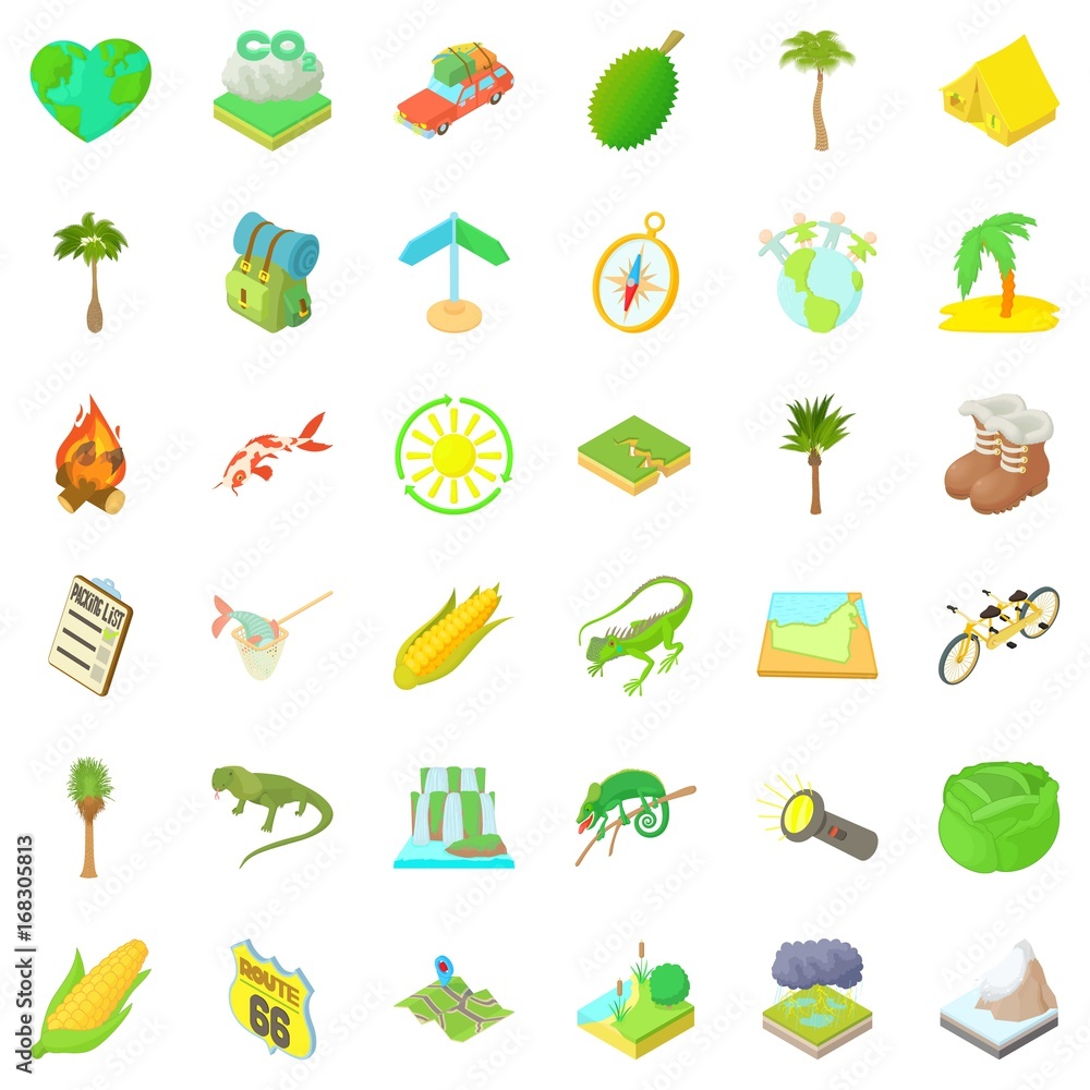Rest in nature icons set, cartoon style Rest in nature icons set, cartoon style