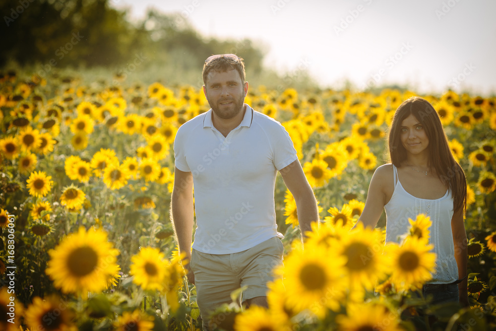 Young woman walks the field of sunflowers with her partner, man holds the woman's hand tightly, he shows her his love, the couple is on the nature on a summer day Young woman walks the field of sunflowers with her partner, man holds the woman's hand tightly, he shows her his love, the couple is on the nature on a summer day