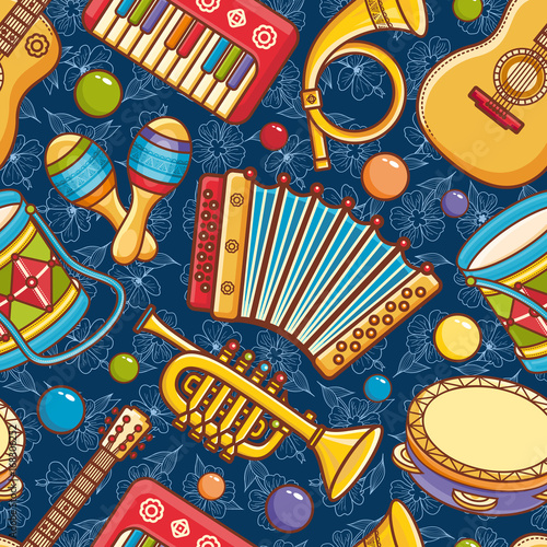 Musical instrument seamless pattern. Cartoon style
