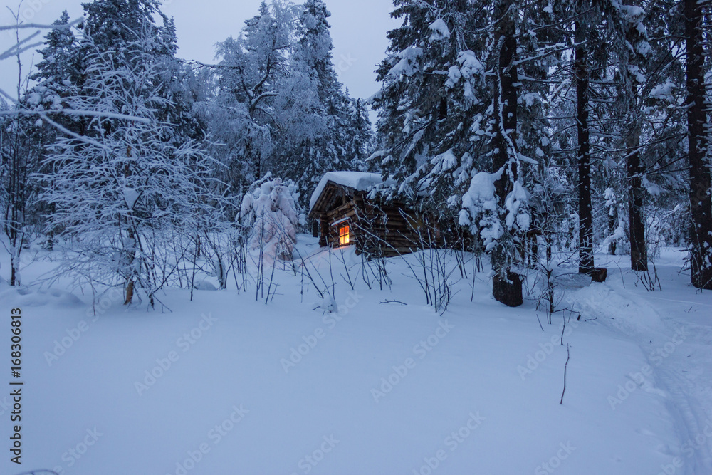 Фотография Log cabin in a dense winter forest