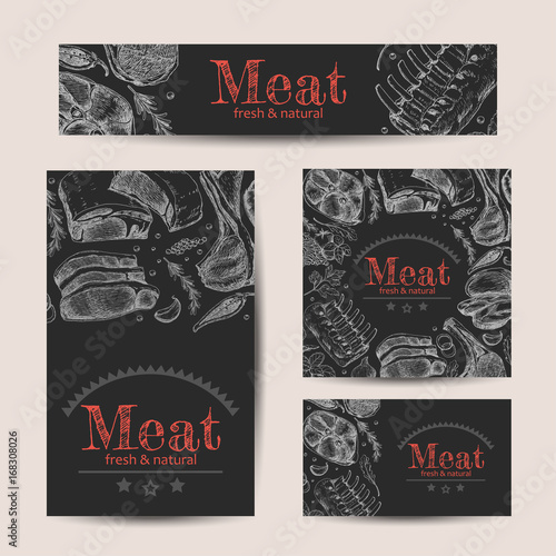 Set of vector cards with meat products