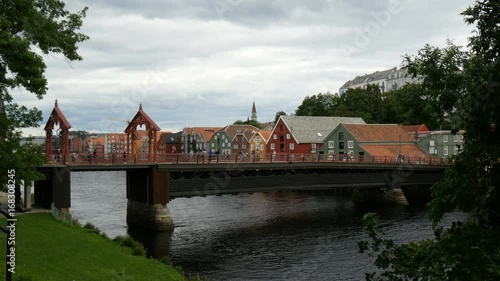 historic wooden bridge Gamle Bybro in trondheim,norway, crossing the nidelva river