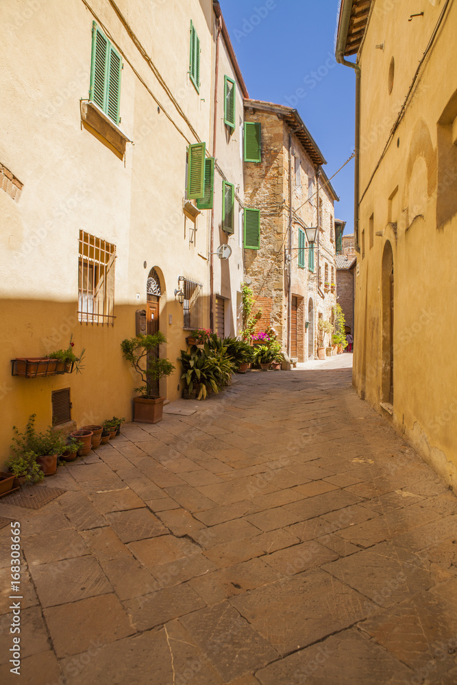 Street view in Pienza town in Tuscany region in Italy