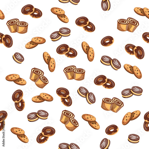 Seamless pattern with glazed donuts and biscuit.