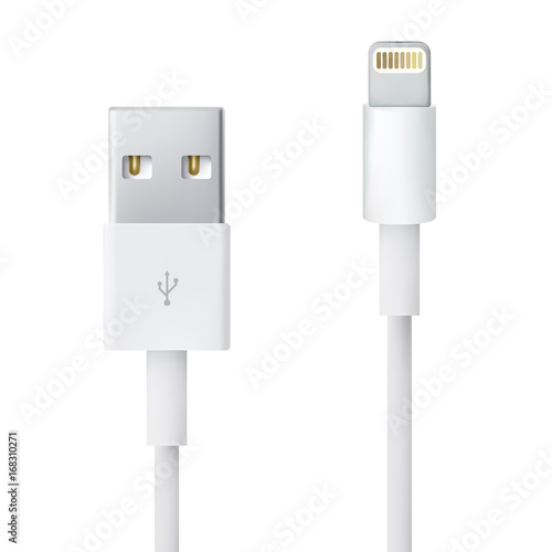 Realistic USB port charger cable isolated on white background vector illustration