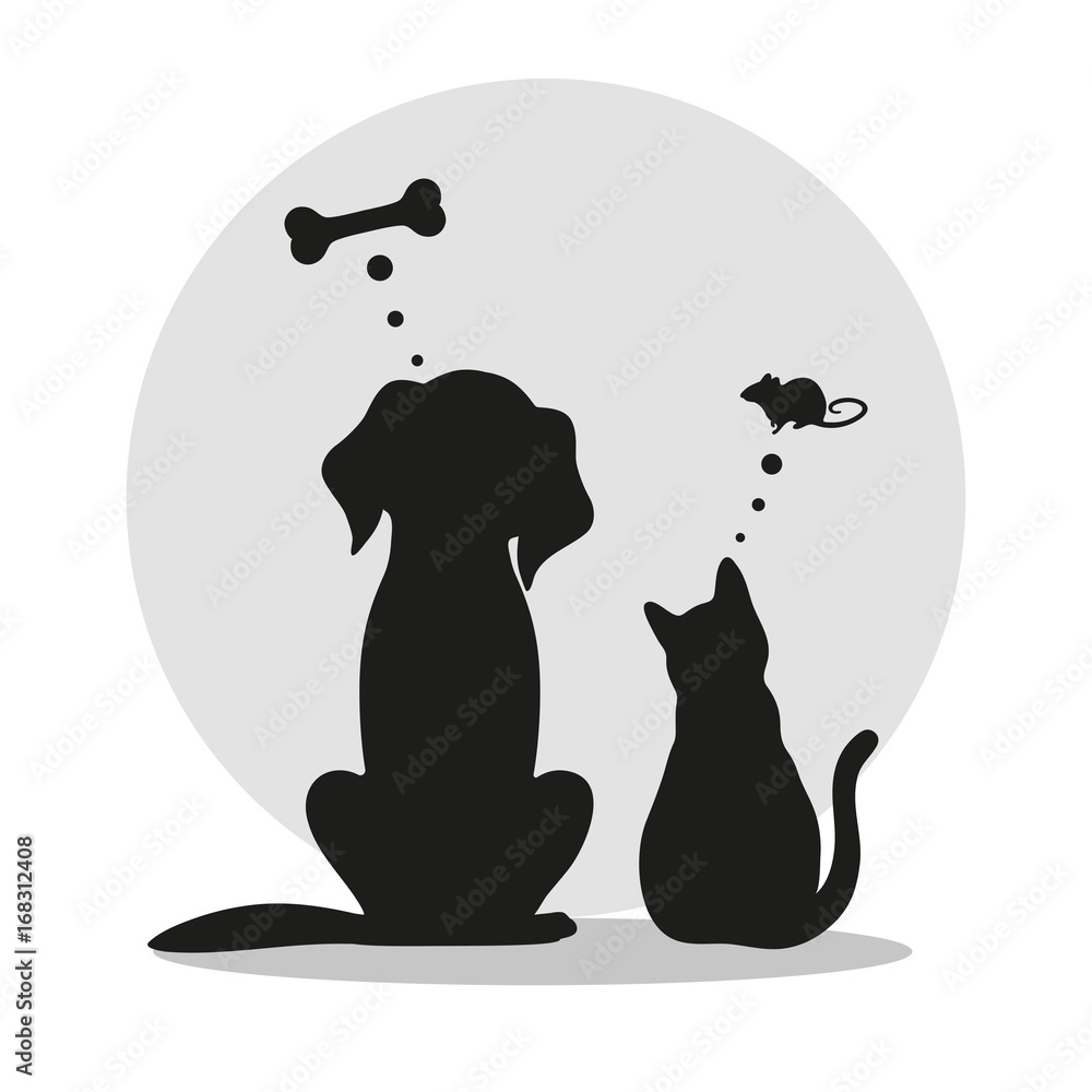 Obraz premium Dog and cat in the background of the moon with thoughts