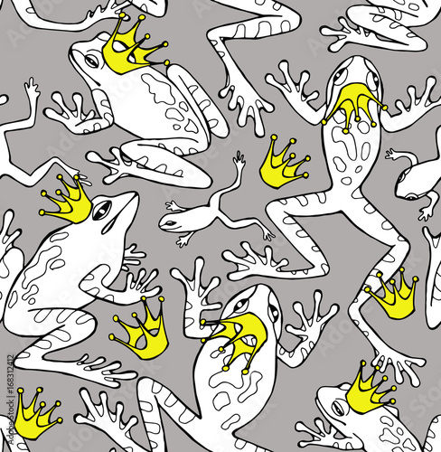 Fototapeta Naklejka Na Ścianę i Meble -  Seamless Pattern Frogs with Crowns Gray