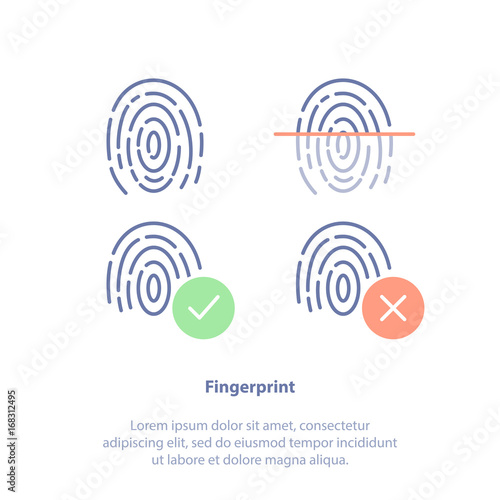 Fingerprints, Identification technology, ID app icon. Four fingerprint types detailed.