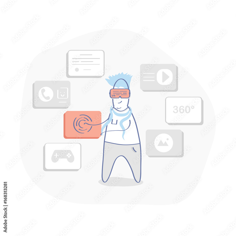 VR, virtual reality technology icon concept. Man in VR glasses. Man Using Visual reality or VR headset and interacting with object getting experience.