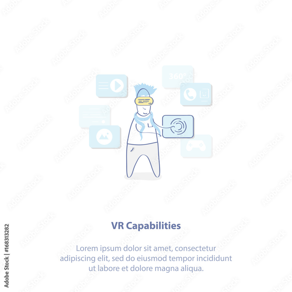 VR, virtual reality technology icon concept. Man in VR glasses. Man Using Visual reality or VR headset and interacting with object getting experience. VR, virtual reality technology icon concept. Man in VR glasses. Man Using Visual reality or VR headset and interacting with object getting experience.