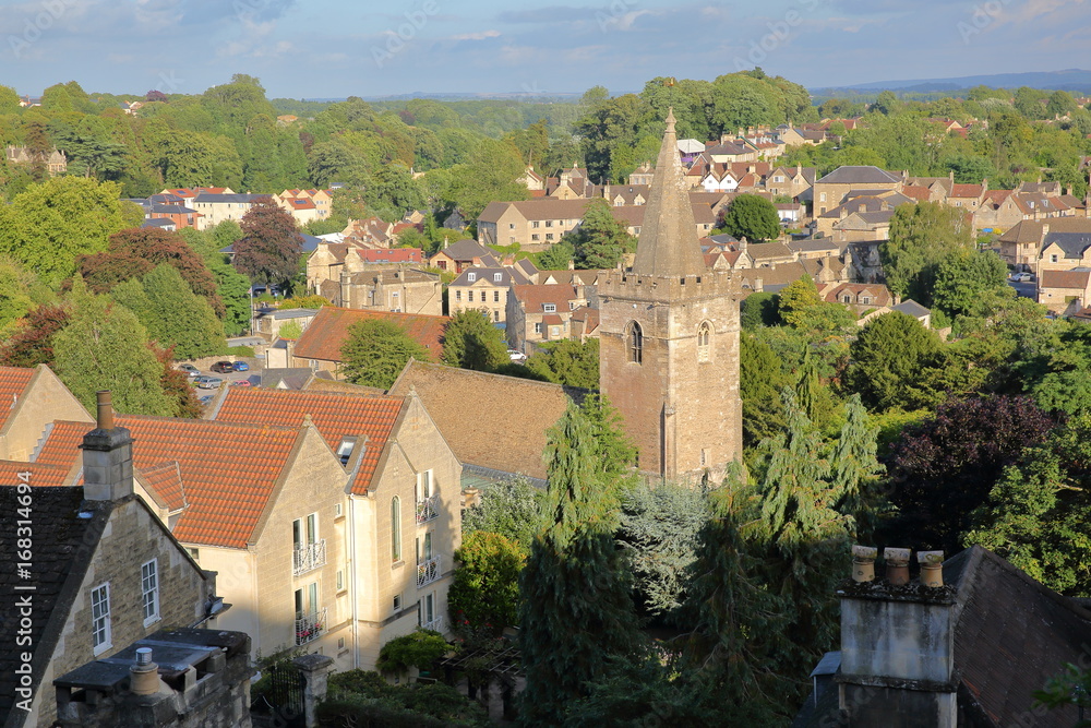 View of the town from Tory neighborhood with the bell tower of Holy Trinity Church in Bradford on Avon, UK