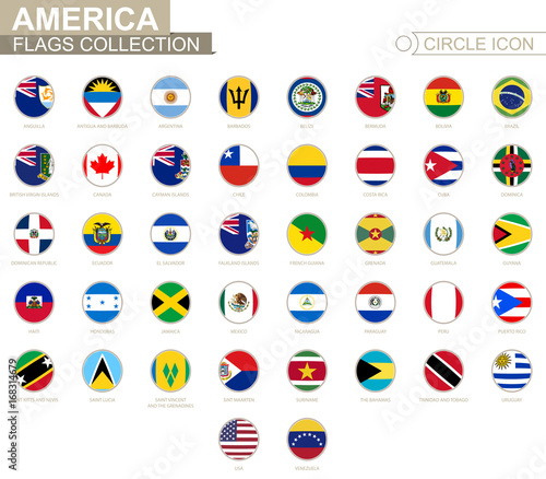 Alphabetically sorted circle flags of America. Set of round flags.