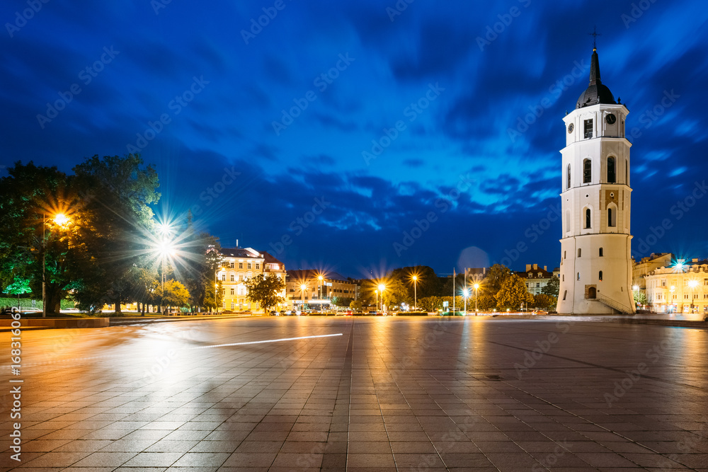 Vilnius, Lithuania. Night Or Evening View Of Bell Tower Near Cathedral