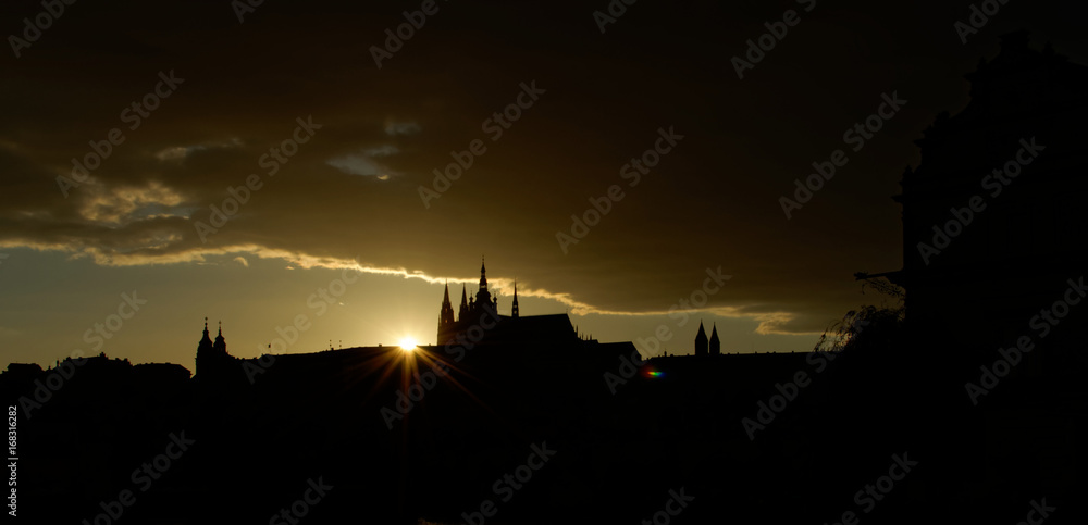 Czech Republic, Prague. Hradcany Castle. View after sunset, outline and shadow of castle.