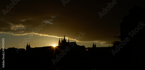 Czech Republic, Prague. Hradcany Castle. View after sunset, outline and shadow of castle.