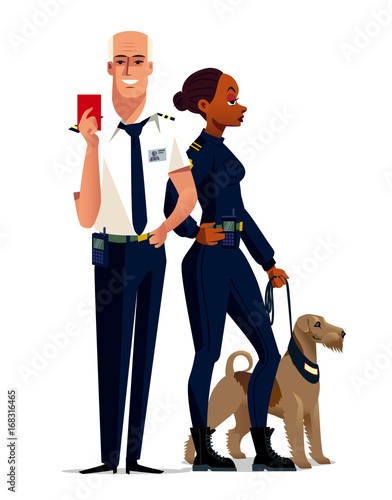 Customs male and woman officer with border dog, isolated. Vector illustration.