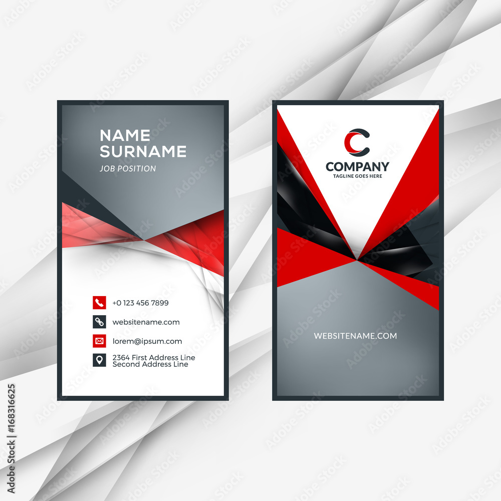 Vertical double-sided red and black business card template. Vector illustration. Stationery design Vertical double-sided red and black business card template. Vector illustration. Stationery design