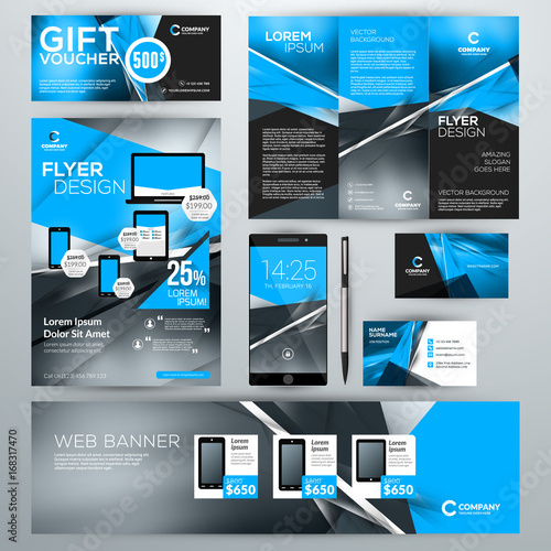 Set of stationery design templates. Corporate identity with abstract vector background. Web banner, flyer, booklet, gift voucher, business card, phone wallpaper