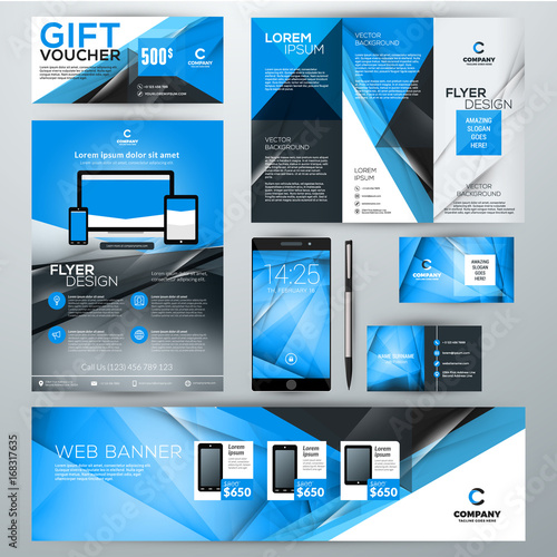 Set of stationery design templates. Corporate identity with abstract vector background. Web banner, flyer, booklet, gift voucher, business card, phone wallpaper