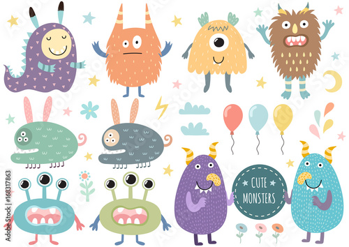 Vector set of cute monsters. Funny characters isolated elements. Vector illustration