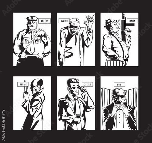 Vector illustration character collection for Mafia game play cards.