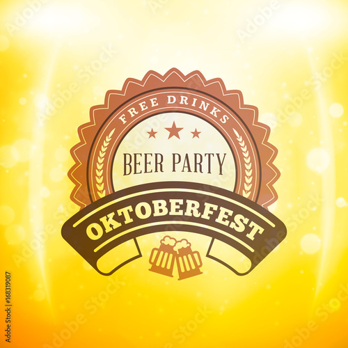 Beer festival Oktoberfest celebrations. Vintage beer badge on the golden beer background with light effects. Vector design element