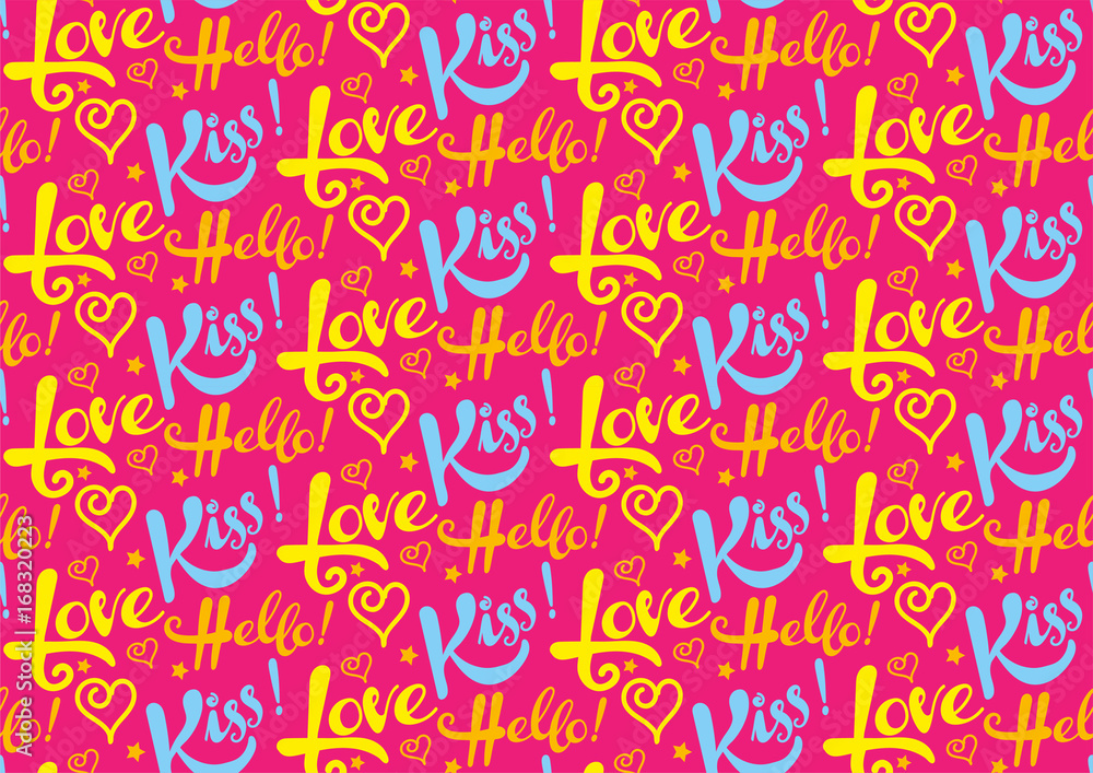 Abstract colorful background with text kiss, love, hello. Gift wrapping paper for Valentines day, vector image Abstract colorful background with text kiss, love, hello. Gift wrapping paper for Valentines day, vector image