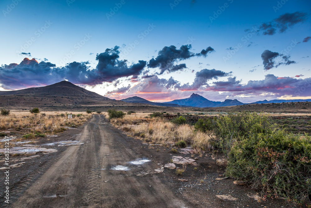 Sunset behind the Komapssberg mountain, Karoo, South Africa.