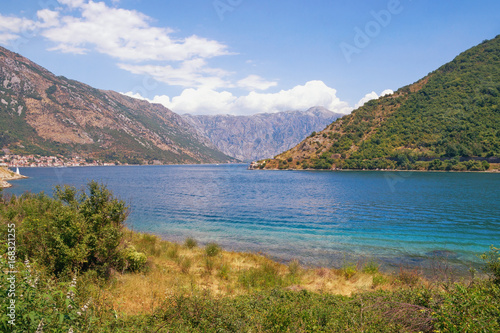 View of the Bay of Kotor - the winding gulf of the Adriatic Sea - on a summer day. Montenegro