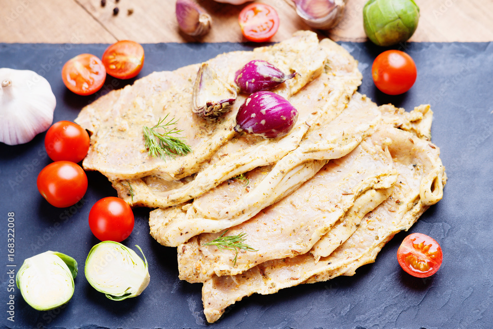Vegetables and raw marinated pork meat Vegetables and raw marinated pork meat