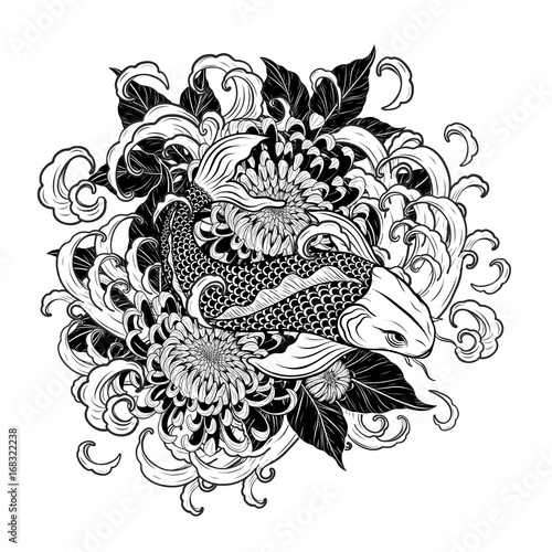 Koi fish and chrysanthemum tattoo by hand drawing.Tattoo art highly detailed in line art style.