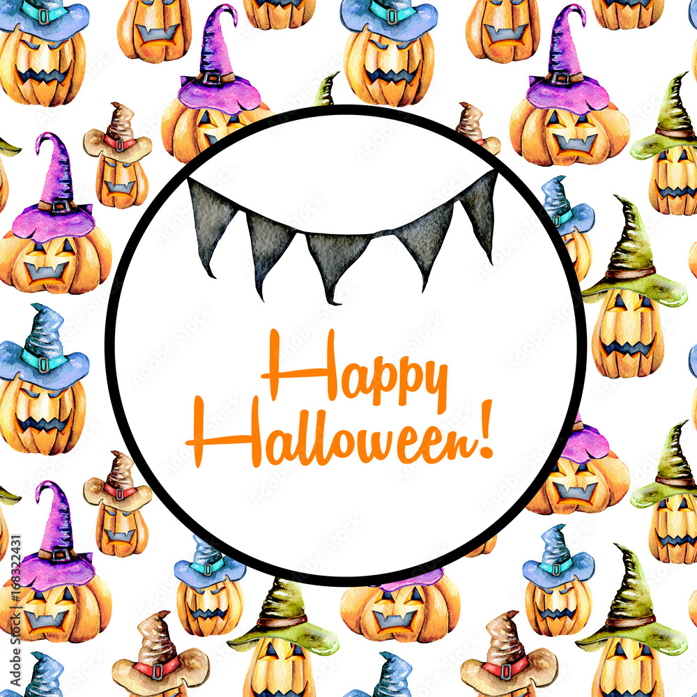 Obraz premium Card template, circle frame on watercolor Halloween pumpkins background, hand painted on a white background