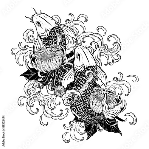 Koi fish and chrysanthemum tattoo by hand drawing.Tattoo art highly detailed in line art style.