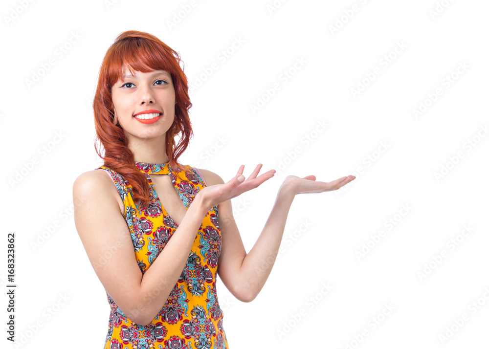 Girl with palms facing upwards. Young redhead woman with summer dress.. Girl with palms facing upwards. Young redhead woman with summer dress..