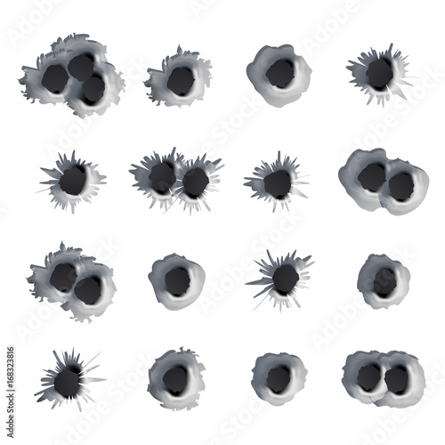 Metal Bullet Holes Set Vector. Realistic Caliber Weapon Holes Punched Through Metal Isolated. Gunshot Cracked Bullets Holes. Effect Damage Illustration