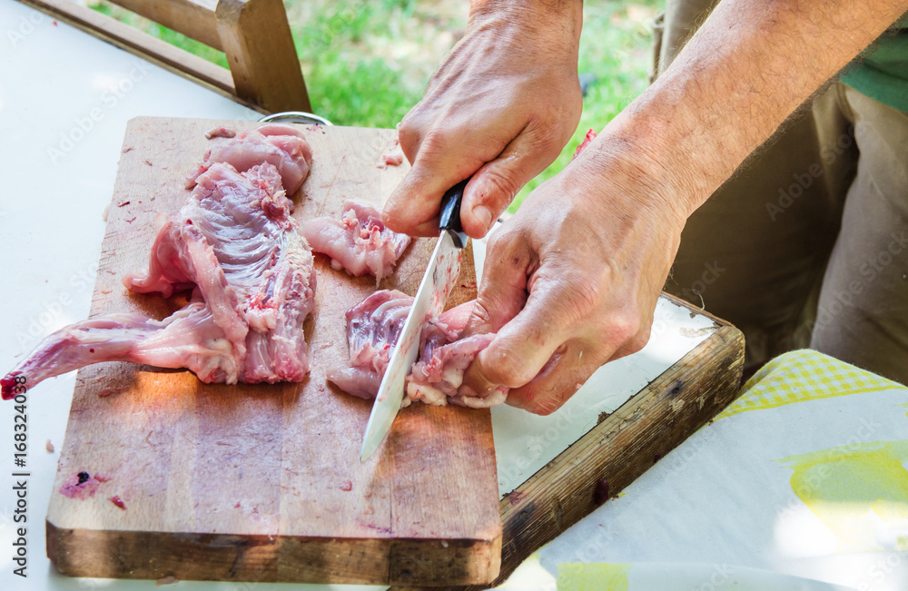 Man's hand holding knife cutting and carving raw rabbit on wood cutting board. Preparing ingredients for paella jambalaya, barbecue. Outdoors, picnic, weekend, nature, summer.
