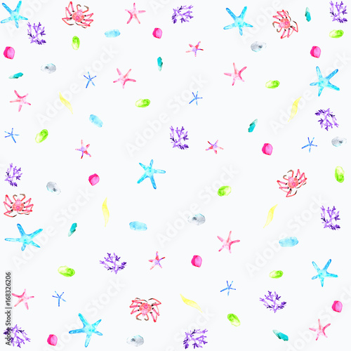 The water colored sea pattern on the white background. Hand-painted sea elements are composed in the wallpaper. Multicolored crabs, corals, stones, starfishes. 