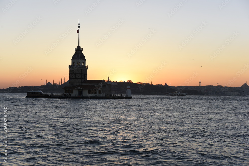 Sunset on Istanbul bosphorus sea and maiden's tower