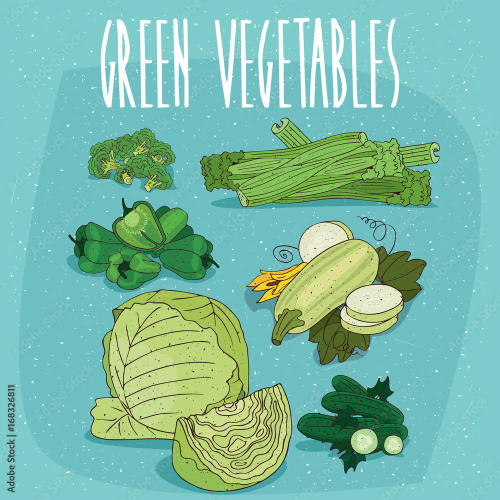 Φωτογραφία Set of isolated food products, plants and fruits, bell pepper, zucchini, celery, cabbage, broccoli, cucumber