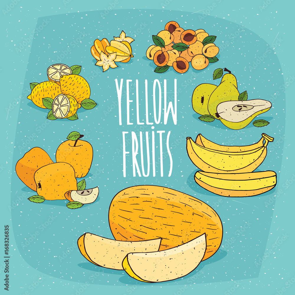 Φωτογραφία Set of isolated clipart, tropical food fruits, such as apricot, pear, banana, melon, apple, lemon, carambola