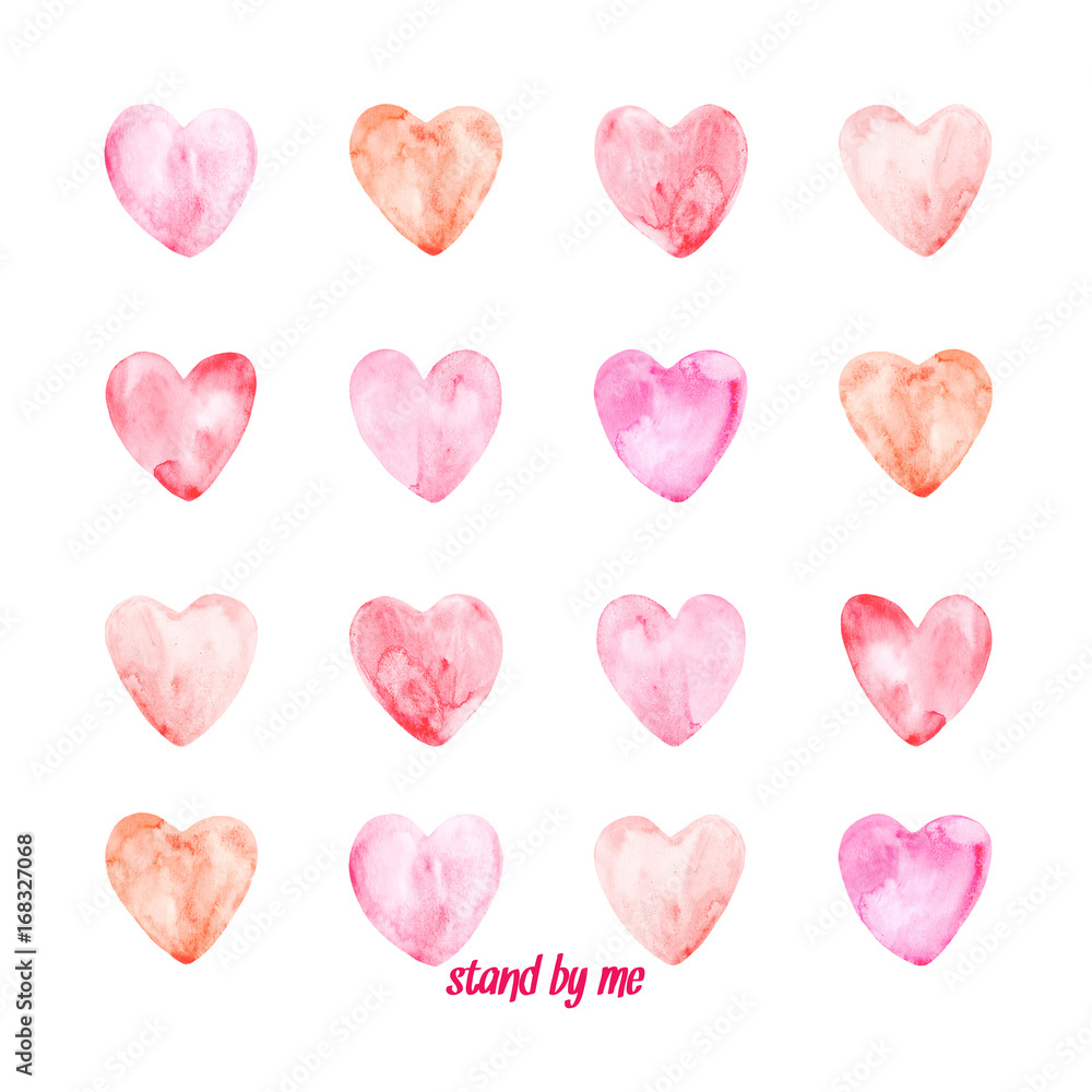 Pink water colored hearts on the white background. Illustration with hand painted hearts.