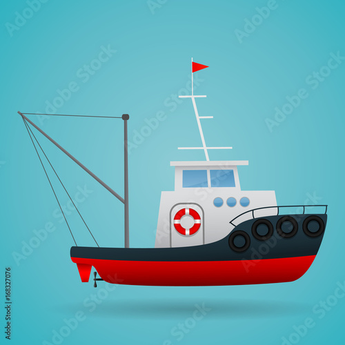 Tugboat. Fisherman ship. Cartoon style. Funny picture. Vector Image.