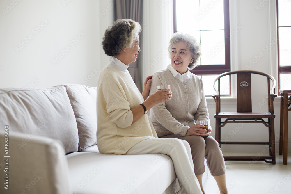 Happy senior friends talking and drinking tea Happy senior friends talking and drinking tea
